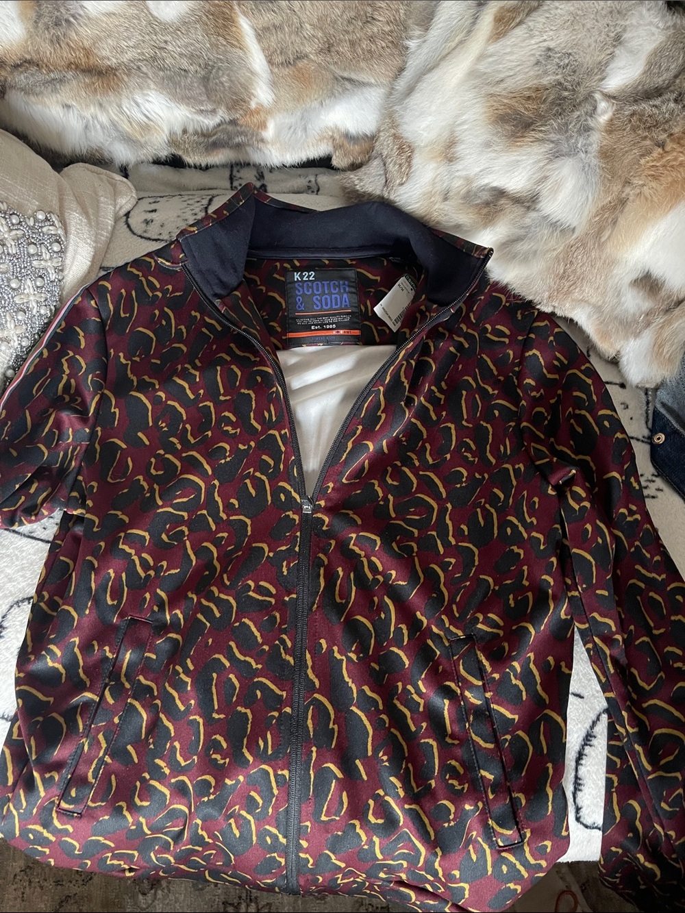 Scotch & Soda Men’s Burgundy, Black & Mustard Patterned Bomber Jacket
